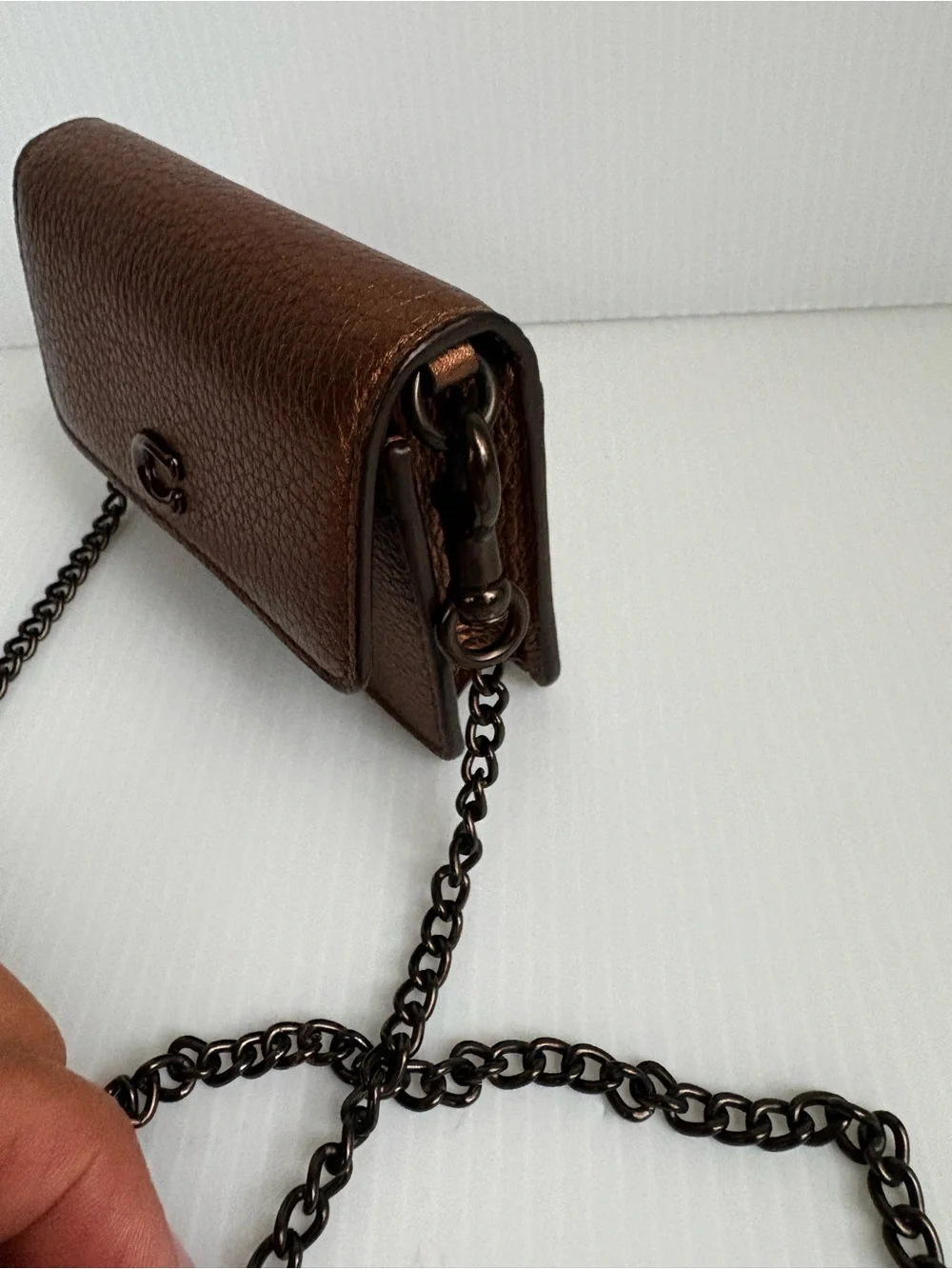 Coach Half Flap card Case Crossbody Bag Pewter Metallic Bronze Chain Strap NWOT